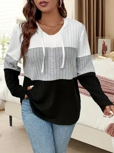 Damen Mode Farbblock Strickoberteil Pullover Mit Kapuze Langarm Locker Patchwork Strickpullover Herbst Winter Casual Top