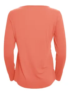 Back view of fashionable women's solid coral pink long sleeve casual top in soft fabric