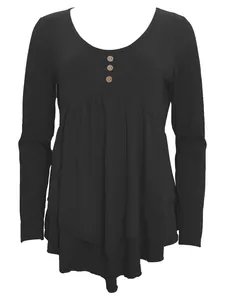 Detailed view of women's black long-sleeve top with three-button neckline detail