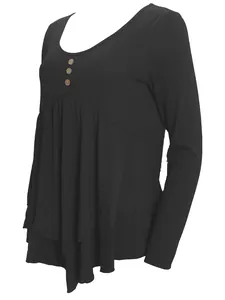 Detailed side view of black long-sleeved top with three buttons and ruffled hem