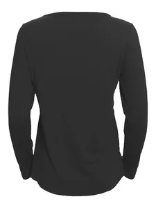 Detailed back view of a classic black long-sleeved slim-fit casual top for women.