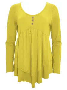Women's yellow long sleeve tunic top with 3-button detail and ruffled hem design