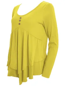 Detailed view of the bright yellow long-sleeved tunic featuring a stylish three-button neckline