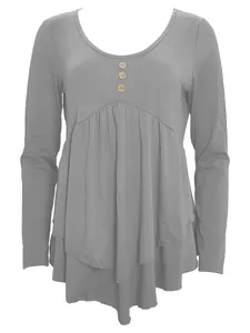 Detailed view of women's casual long sleeve top with three decorative buttons