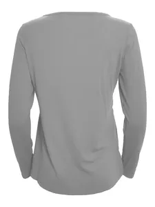 Back view of a casual solid gray long-sleeved top for women in a minimalist style