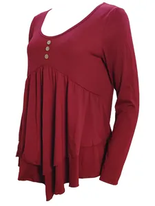 Detailed side view of dark red three-button tunic top featuring a stylish tiered ruffle hem
