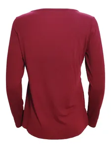 Back view of a casual women's burgundy long-sleeved top with a simple round neckline