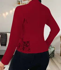 Elegant wine red long sleeve fitted blazer with floral lace patchwork back detail