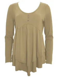 Front view of an olive green long-sleeved tunic featuring a tiered ruffled hem and buttons.