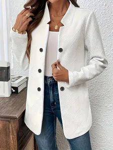 Elegant white textured coat with stand collar and black buttons for autumn fashion.