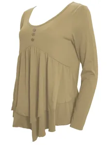 Fashionable casual long sleeve solid color top with three-button detail and pleated hem design