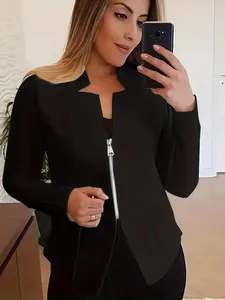 Κομψό μαύρο γυναικείο σακάκι blazer με μπροστινό φερμουάρ και γιακά με εγκοπή