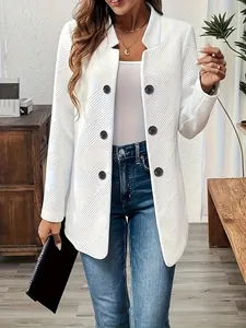 Elegant white textured standing collar cardigan coat with double-breasted buttons for women
