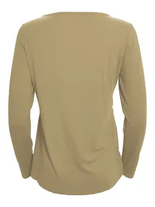 Detailed back view of a stylish camel brown solid color long-sleeved casual top for women.