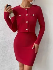 Elegant red two-piece dress set featuring a long sleeve button-up jacket and mini dress