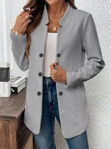 Elegant grey stand-up collar cardigan coat with a unique textured diamond pattern finish