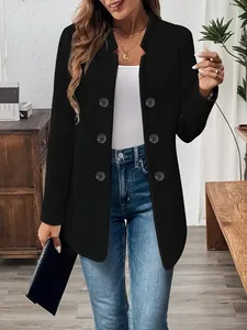 Women's black stand collar cardigan coat with decorative buttons and textured fabric.