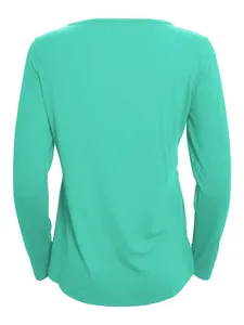Back view of a stylish solid turquoise long sleeve top showing the tailored fit and fabric