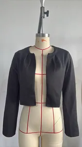 Detail of slim fit black cropped jacket with elegant pleated neckline details