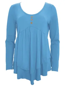 Detail view of a blue long-sleeve casual tunic top with three decorative buttons.