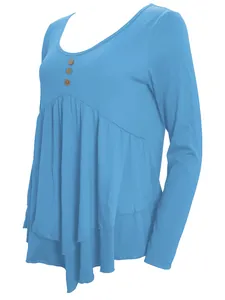 Casual sky blue long sleeve tunic top with button details and layered ruffled hem
