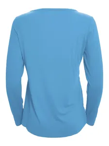 Detailed back view of a solid light blue long-sleeved casual fashion top for women