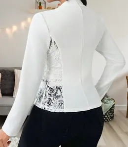 Elegant white slim fit blazer for women featuring intricate floral lace back panel detail