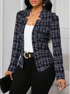 Elegante chaqueta blazer de tweed a cuadros azul marino para mujer de corte entallado