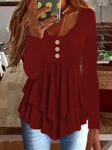 Women's Fashion 3-Button Solid Color Long Sleeve Tunic Top Dress Round Neck Tiered Ruffle Hem Casual Slim Fit Mini Dress