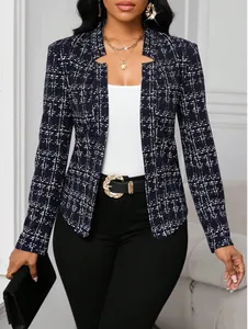 Elegante chaqueta tipo blazer de tweed a cuadros para mujer con corte ajustado y diseño abierto