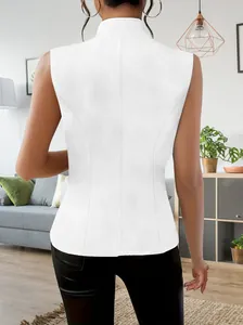 Back view of elegant white sleeveless vest with high collar and slim fit tailoring
