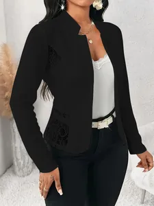 Elegant black women's slim blazer featuring intricate lace patchwork details on the sides