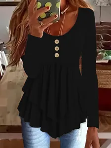 Women's casual long sleeve black top with three-button detail and ruffled flared hem
