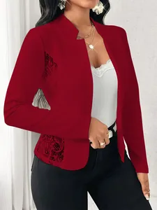Elegant red lace patchwork slim blazer for women with long sleeves and open front design.
