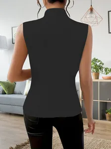 Back view of elegant black sleeveless vest for women with a sleek high neck design