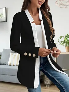 Elegant black women's blazer featuring white contrast trim and decorative gold sleeve buttons.