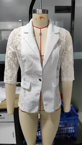 Vue détaillée d'un blazer d'été blanc avec empiècements en dentelle sur un mannequin
