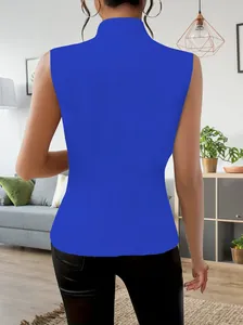 Back view of elegant royal blue sleeveless suit vest for women with high neck design
