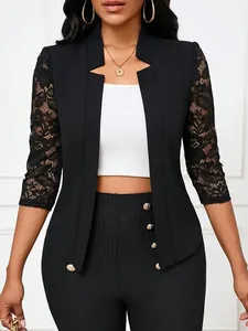 Women's slim fit black blazer with elegant lace 3/4 sleeves for casual or formal wear