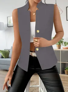 Elegant grey sleeveless blazer vest for women featuring three stylish golden buttons
