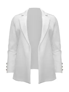 Front view detail of a white long-sleeved women's blazer with a stylish lapel design