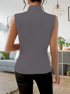 Back view of an elegant grey sleeveless vest with a high neck design.