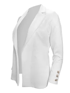 Detailed side view of elegant white women's blazer sleeve featuring three gold buttons