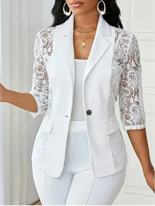 Blazer Élégant en Mousseline de Soie avec Patchwork de Dentelle pour Femme Été Fin Revers de Costume Un Bouton Coupe Ajustée Haut Manches 3/4 Veste de Bureau Femme
