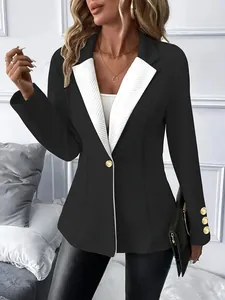 Blazer Élégant en Mélange de Coton pour Femmes Bloc de Couleur Coupe Slim Mi-longue Manches Longues Veste avec Revers Contrasté Boutons Dorés