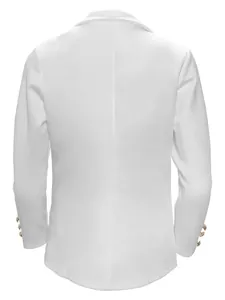 Back view of a white blazer showing slim fit tailoring and gold sleeve buttons.