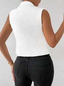 Back view of a white sleeveless lapel vest showing slim fit and stitching details