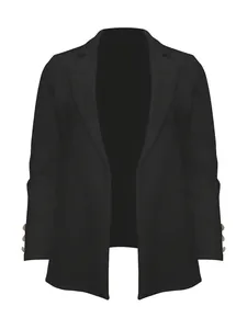 Front view of an elegant black blazer for women featuring decorative gold cuff buttons