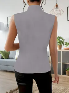 Back view of an elegant grey sleeveless vest blazer featuring professional slim fit tailoring
