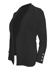 Close-up of black women's blazer featuring elegant three-button cuffs and classic lapel.